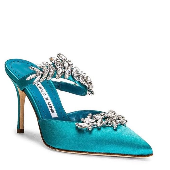 Manolo Blahnik Shoes - NEW! Manolo Blahnik Lurum 90mm Crystal Embellished Mules Turquoise Satin Sz 5/35